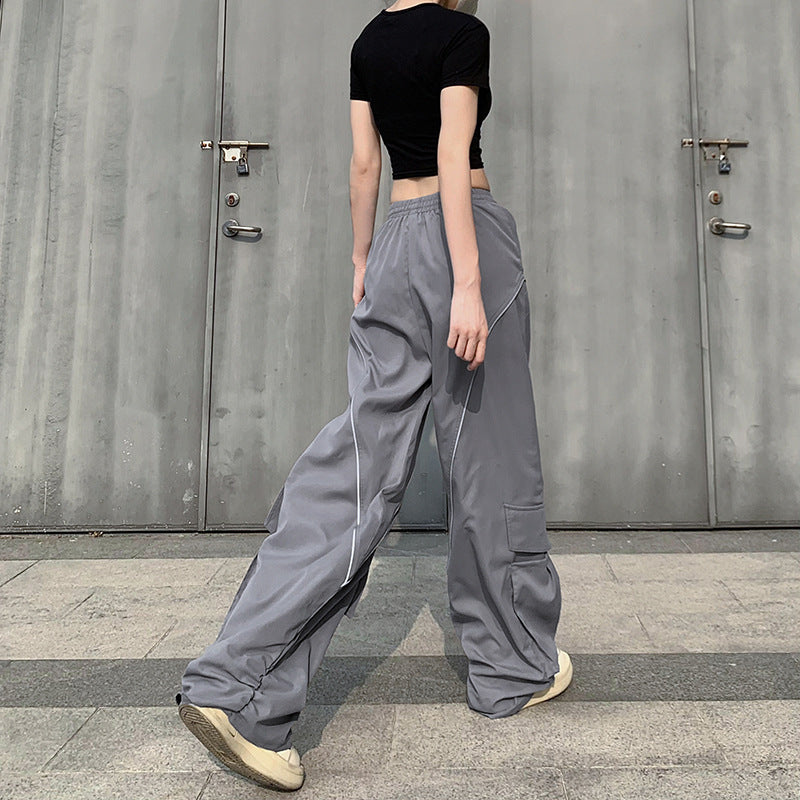 Large Pocket Pleated Drawstring Elastic Lace Casual Pants