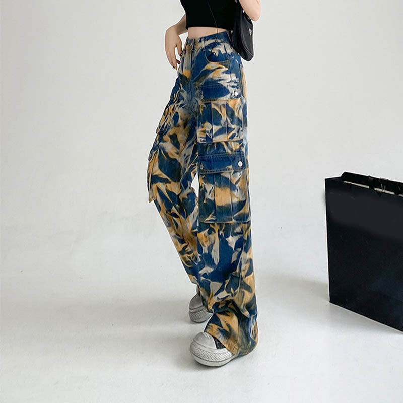 ew Tie-dye Cargo Trousers With Pockets Y2K Fashion High Waist Loose Wide Leg Pants