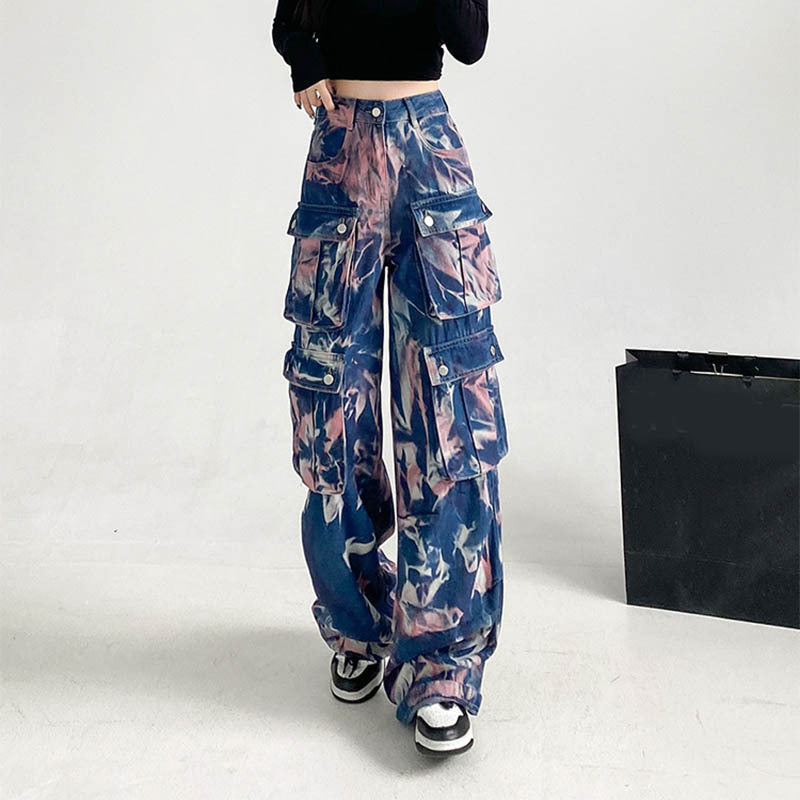 ew Tie-dye Cargo Trousers With Pockets Y2K Fashion High Waist Loose Wide Leg Pants