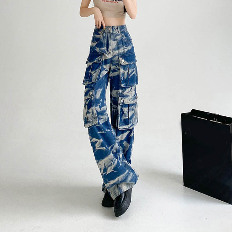 ew Tie-dye Cargo Trousers With Pockets Y2K Fashion High Waist Loose Wide Leg Pants