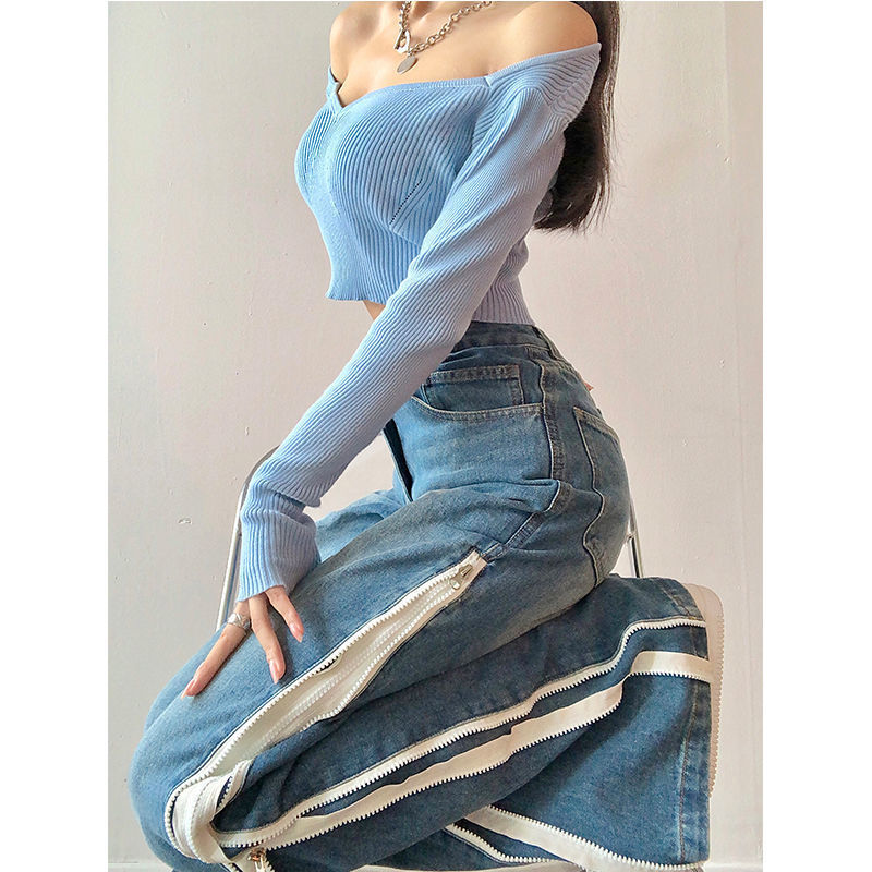 Double-layer Side Zipper Wide Leg Jeans Loose