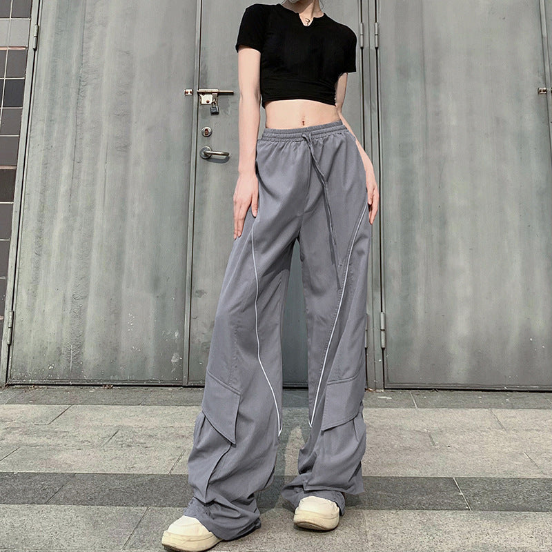 Large Pocket Pleated Drawstring Elastic Lace Casual Pants