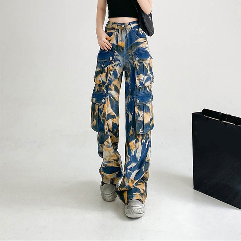 ew Tie-dye Cargo Trousers With Pockets Y2K Fashion High Waist Loose Wide Leg Pants