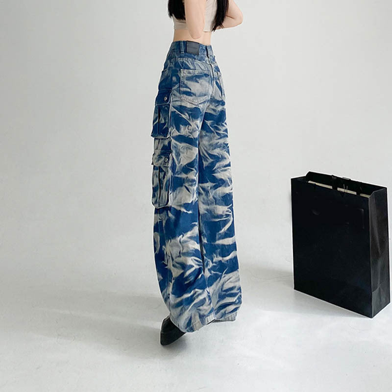 ew Tie-dye Cargo Trousers With Pockets Y2K Fashion High Waist Loose Wide Leg Pants