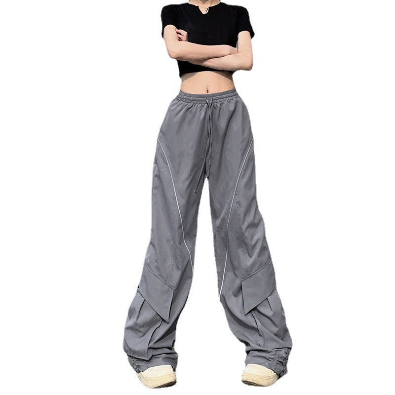 Large Pocket Pleated Drawstring Elastic Lace Casual Pants