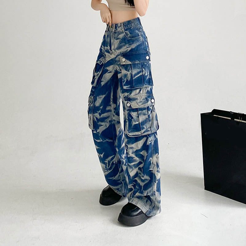 ew Tie-dye Cargo Trousers With Pockets Y2K Fashion High Waist Loose Wide Leg Pants