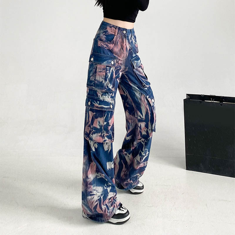 ew Tie-dye Cargo Trousers With Pockets Y2K Fashion High Waist Loose Wide Leg Pants