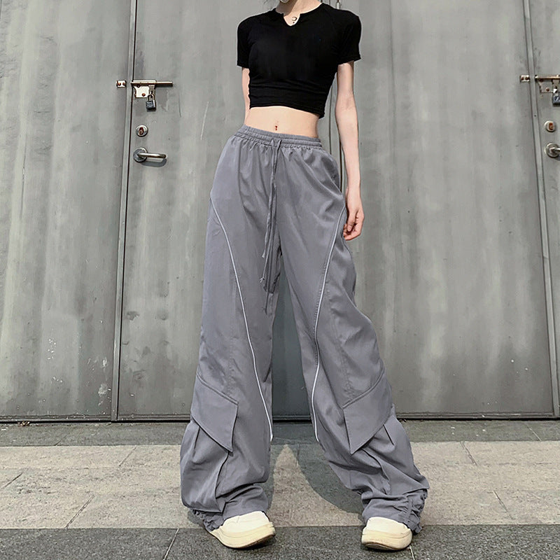 Large Pocket Pleated Drawstring Elastic Lace Casual Pants