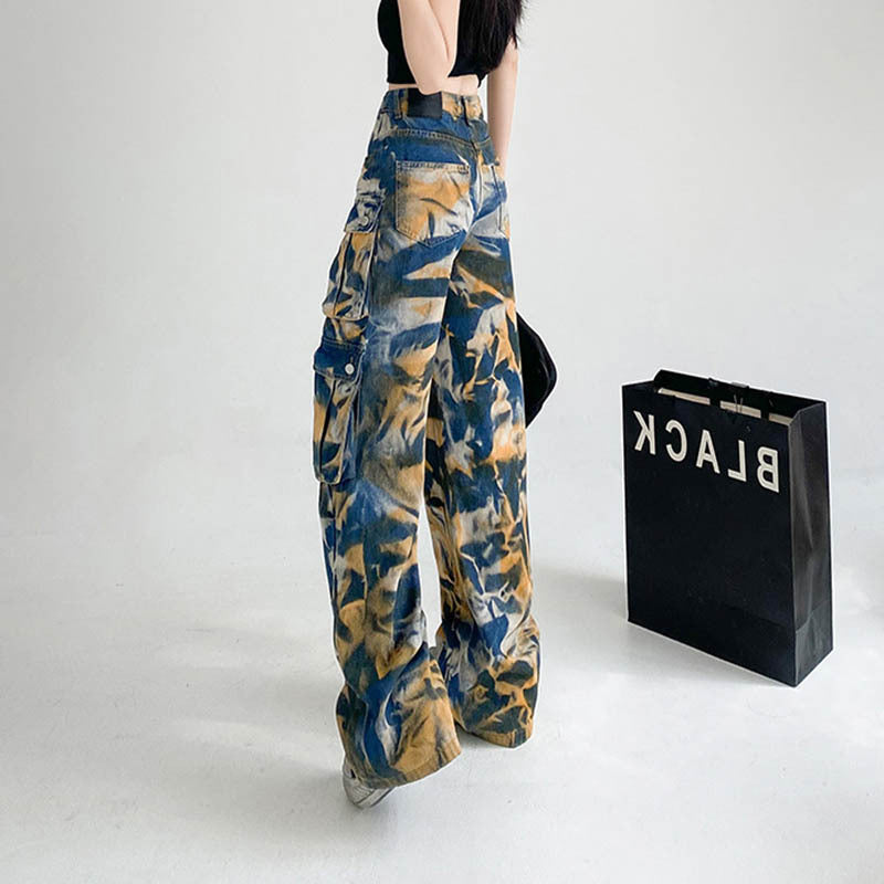 ew Tie-dye Cargo Trousers With Pockets Y2K Fashion High Waist Loose Wide Leg Pants