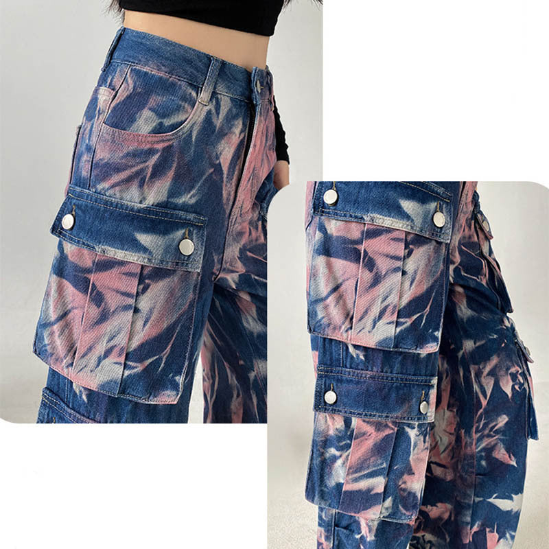 ew Tie-dye Cargo Trousers With Pockets Y2K Fashion High Waist Loose Wide Leg Pants