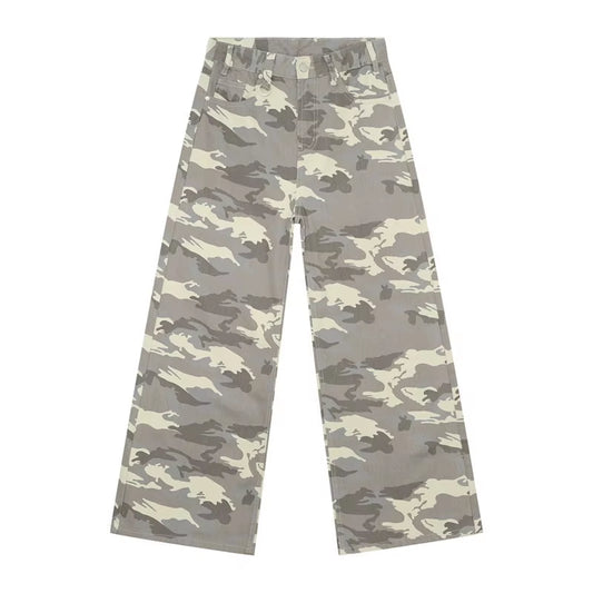  Metal Ring Design Gradient Color Washed Straight Denim Pants Wide Leg 