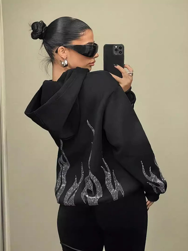 Flame Rhinestone Loose Zip Hooded Sweater